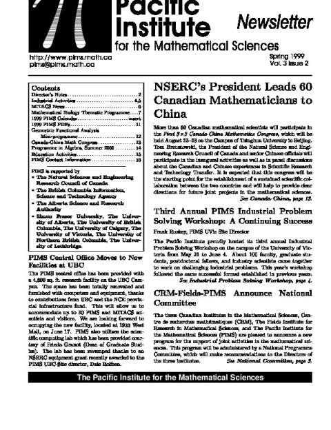 PIMS Newsletter, Sprint 1999